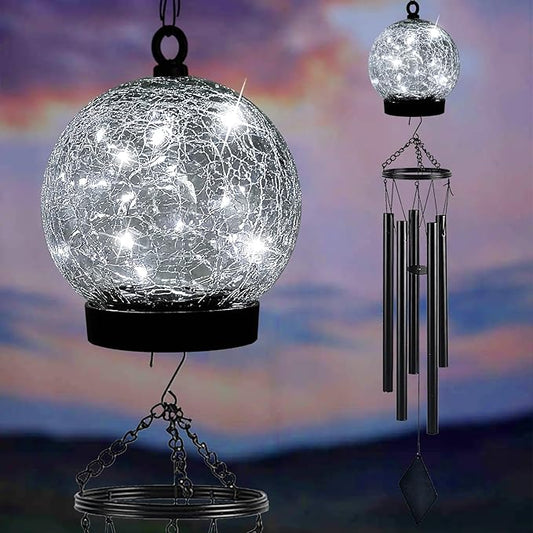 Wind Chimes Outdoor Solar Lights, 42 Inch Large Sympathy Chime 15 Cool White LEDs Crackled Glass Ball Birthday Gifts for Women Decorative Hanging in Garden, Yard, Patio, Landscape