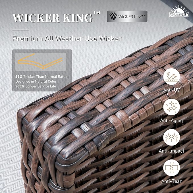 Patio Wicker Swivel Chairs Set of 2, Outdoor High Back Chairs with 5.5" Waterproof Cushions and Side Table, Outdoor Furniture Set for Deck Porch and Yard, Peacock Blue