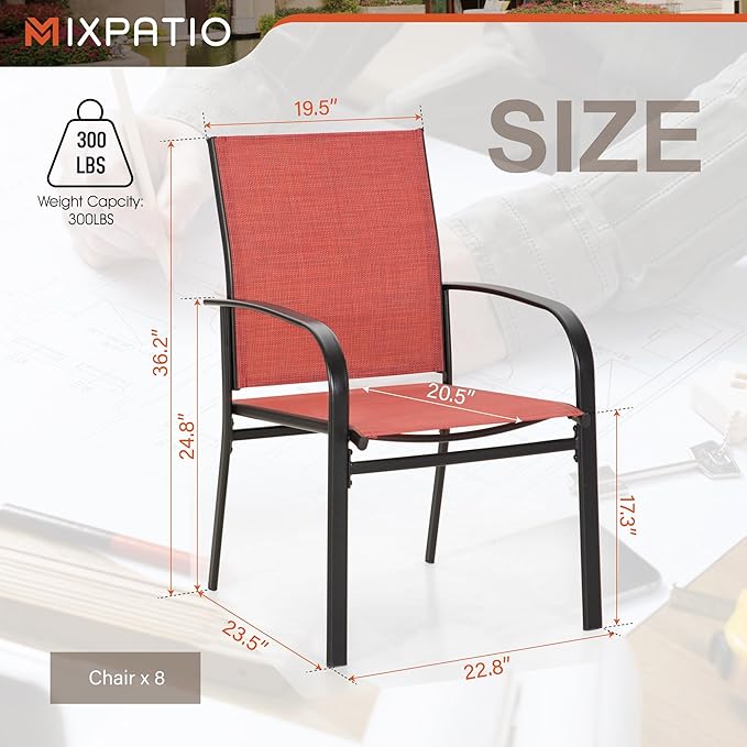 8 Pieces Outdoor Textilene Dining Chairs,Patio Dining Chairs Set, Fixed Patio Chairs with Armrest, Red