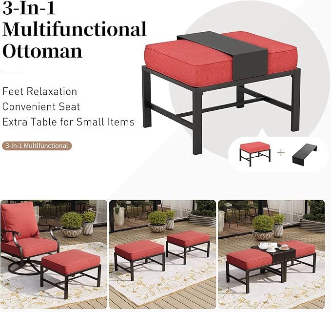 5 Piece Metal Outdoor Patio Furniture Set, Patio Conversation Sets 1 3-Seater Sofa, 2 Fixed Chair, 2 Ottomans with 5.75" Thick Cushion, Black All-Weather Frame Backyard Furniture, Red
