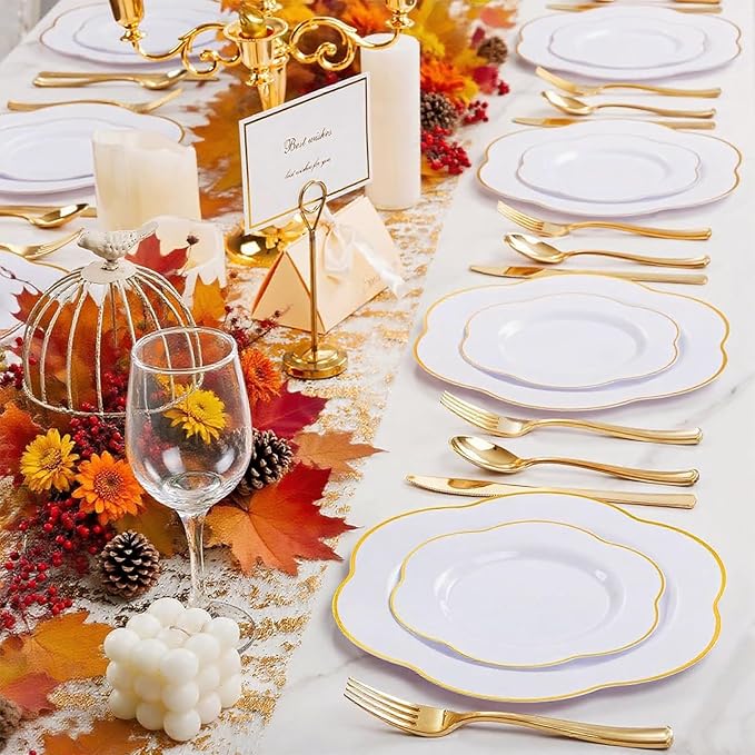 Liacere 50PCS White Plastic Plates - Heavy Duty Disposable - White and Gold Plastic Plates Include 25PCS 7inch and 10inch plates for Party & Baby Shower Gifts & Fall Decor & Thanksgiving