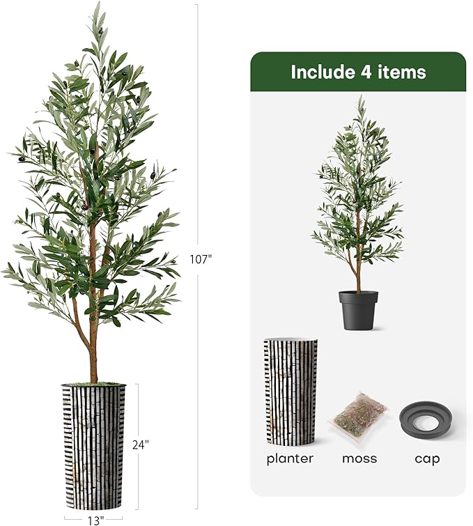 Artificial Tree in Black and Brown Striped Planter, Fake Olive Silk Tree for Indoor and Outdoor Home Decoration - 68" Overall Tall (Plant Pot Plus Tree)