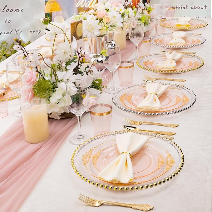 Hioasis 175pcs Clear Pink Plastic Plates - Elegant Disposable Dinnerware Set Suitable for 25 Guests Include 10.25" Dinner & 7.5" Dessert Plates, Cutlery, Napkins, Cups for Party & Wedding