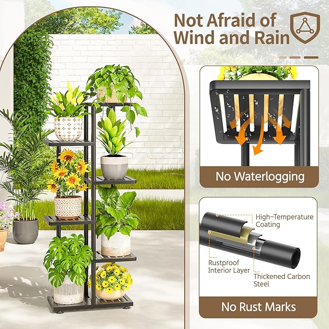 LASZOLA 5 Tier Plant Stand Indoors Outdoors for Large Heavy Duty Planter, Black Metal Tall Flower Holder Rack with Multiple Shelf for Modern Patio Corner, Vertical Organizer, Weather Resistant Bracket