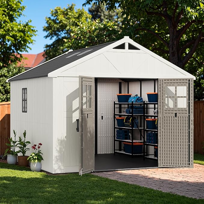 Greesum 10x10 FT Plastic Outdoor Storage Shed with Floor, Resin Sheds with Windows and Skylights, Weather Resistant Organization with Lockable Door, for Garden, Lawn, Pool Supplies, Beige