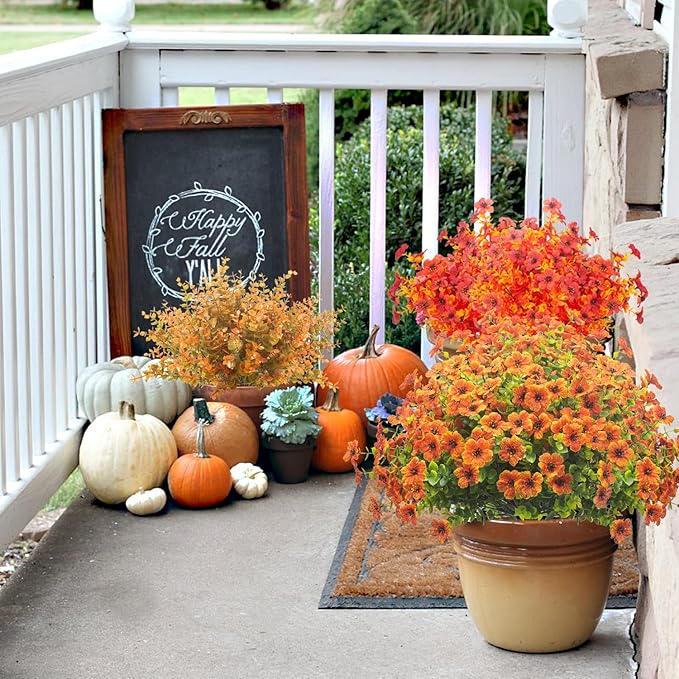 10 Bundles Artificial Fall Flowers Outdoor UV Resistant Fake Flowers(Orange)