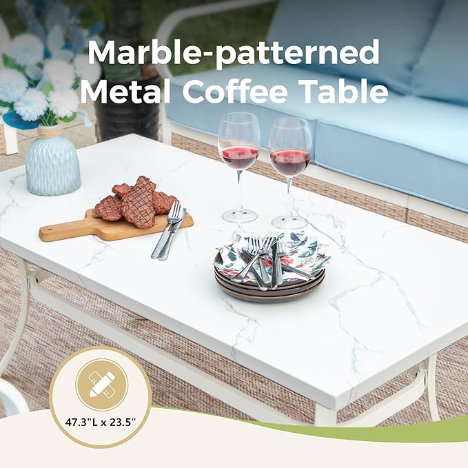 5 Piece Patio Furniture Set, 2 x Fixed Chair, 1 x 2-Seat Sofa, 1 x 3-Seat Sofa with Marbling Coffee Table, All Cushioned 7 Seats Outdoor Conversation Set for Lawn Garden Backyard, Blue