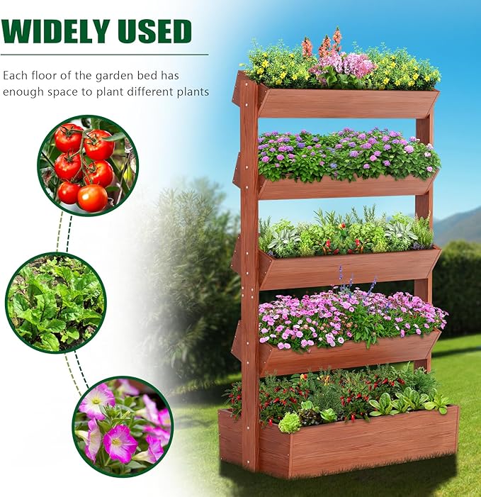 SUNYRISY 5 Tiers Vertical Wooden Raised Garden Bed Outdoor, Freestanding Garden Planter Box Stand for Planting Herbs Flowers Vegetables Outdoor Gardening