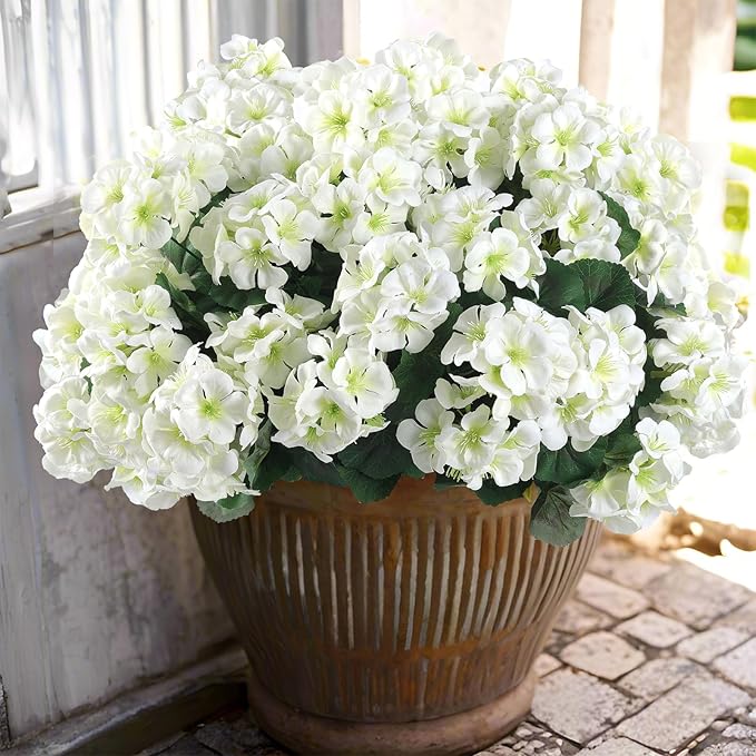 Hananona 12 Pcs Artificial Geranium Flowers for Outdoors Geranium Silk White Flower Outdoor UV Resistant Garden Plants Faux Flowers for Home Kitchen WeddingTable Centerpieces Decor (12, White)