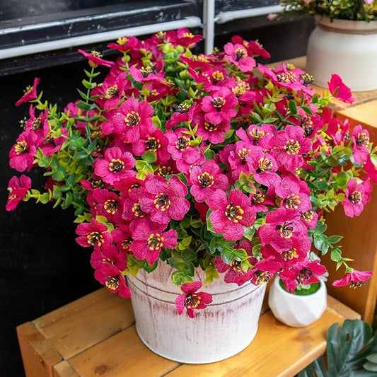 Artificial Flowers for Outdoors, 10 Bundles UV Resistant Artificial Outdoor Flowers, Not-Fading Silk Faux Flowers for Outdoor Planters for Home Garden Porch Decor, Rose Red