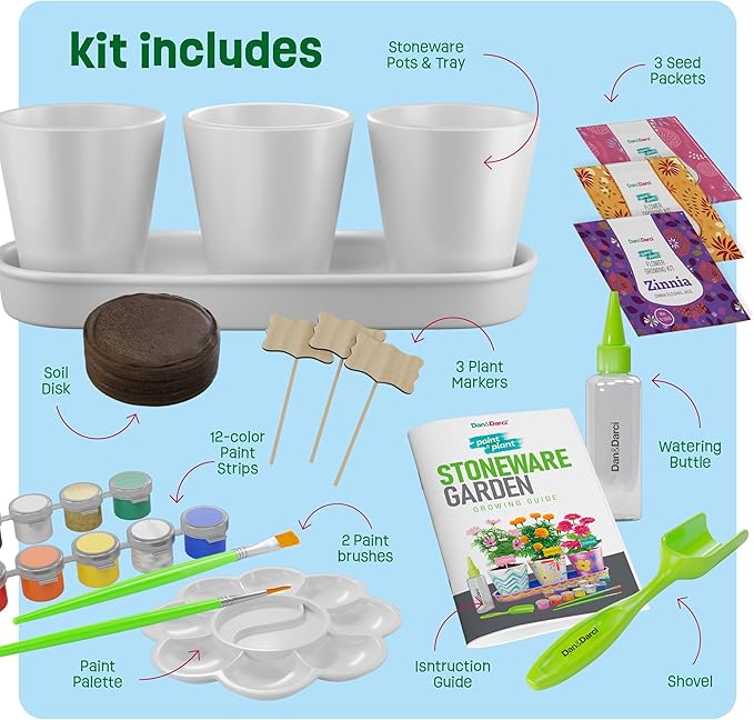 Dan&Darci Paint & Plant Stoneware Flower Gardening Kit - Gifts for Girls & Boys Ages 6-12 - Kids Arts & Crafts Project Birthday Gift, STEM Activity for Age 6, 7, 8, 9, 10, 11 & 12 Year Old Girl (2)