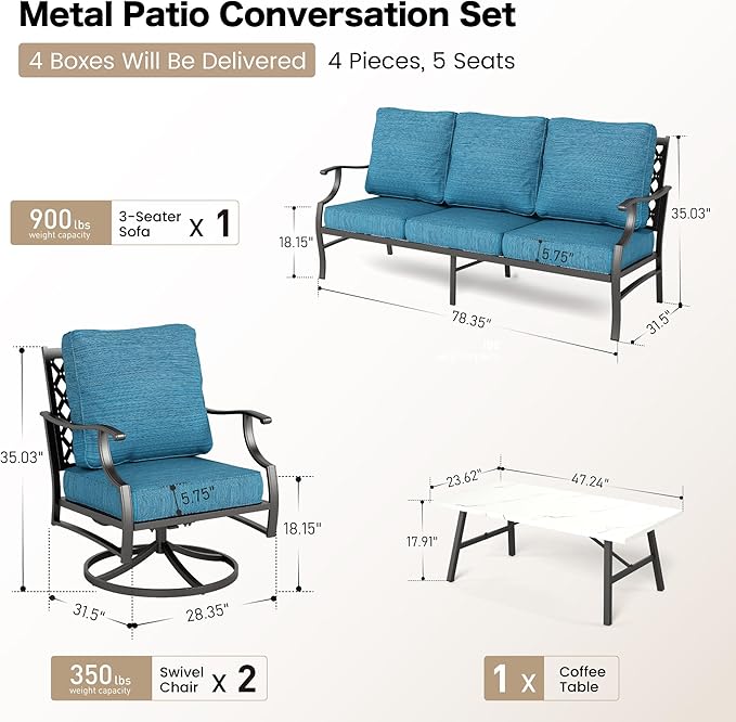 4 Piece Metal Outdoor Patio Furniture Set, Patio Conversation Sets 3-seater Sofa, 2 Swivel Chair with 5.75" Extra Thick Cushion and Coffee Table, Black Frame Backyard Furniture, Blue-2