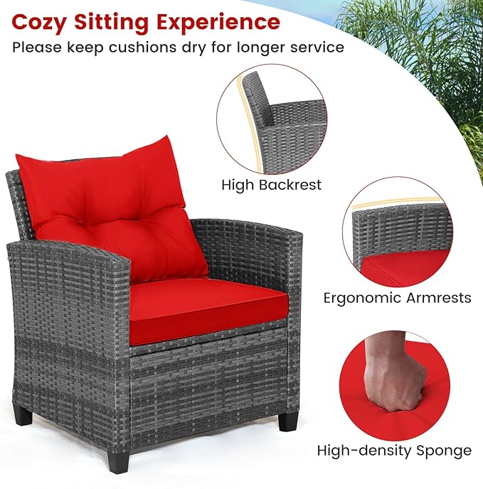 HAPPYGRILL 3 Pieces Patio Conversation Set, Outdoor Furniture Set PE Rattan Sofa Set with Removable Cushions, PE Wicker Chairs with Tempered Glass Side Table for Porch Lawn Garden Balcony Backyard