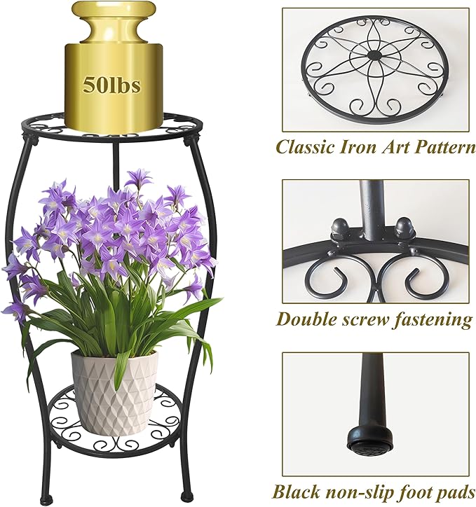 Metal Plant Stand 2 Tier Indoor Outdoor, Tall Flower Pot Shelf Rustproof Stable Corner Stand, 25.2 inch Multiple Plant Display Rack for Living Room Patio Balcony Garden, 2 Pack
