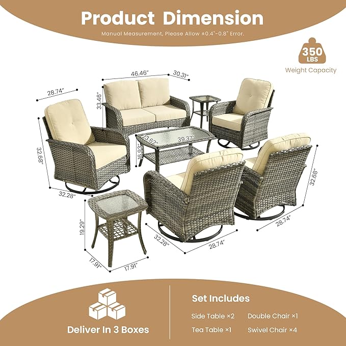 8-Piece Wicker Patio Furniture Set, All-Weather Rattan Conversation Bistro Loveseat Chair and Patio Rockers Set for Backyard, Balcony and Deck with Soft Cushions and Metal Table(Beige)