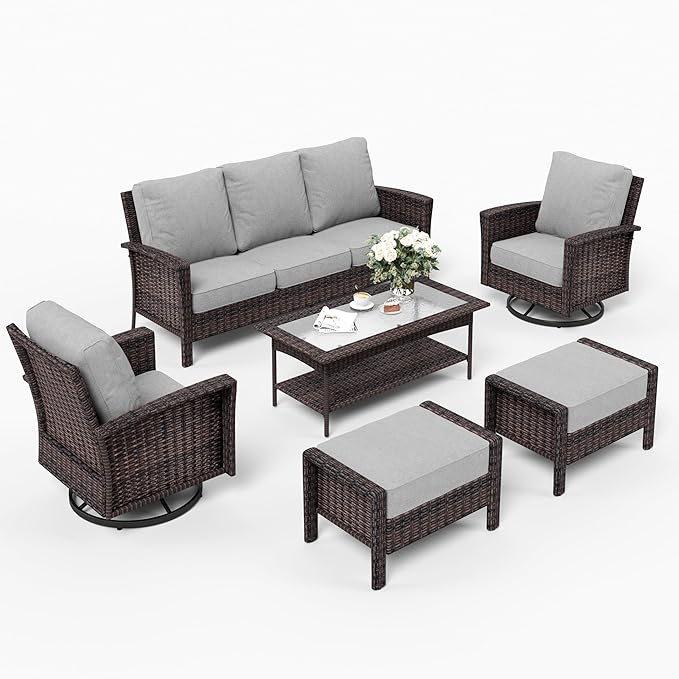 6 Piece Patio Furniture Set with Swivel Chairs, High Back Wicker Rattan Sofa with Extra Thick Cushion, Coffee Table and Ottoman, Outdoor Conversation Set for Backyard Deck, Grey