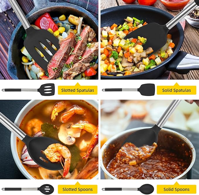 4 Pack Silicone Utensils Set, Non Stick Solid Spatulas, Heat Resistant Blue Slotted Spoons with Stainless Steel Handle, BPA Free Cooking Turner for Stir-Fry, Frying, Mixing, Serving,Draining,Turning