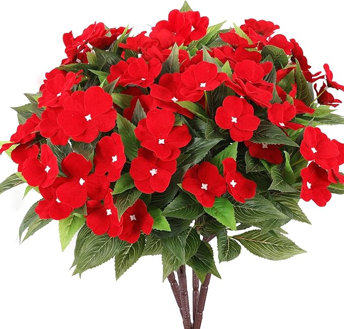 4 Pcs Artificial Flowers for Indoor Silk Impatiens Flowers Indoor Faux Impatiens Plants Red Impatien for Outside Pot Patio Garden Hanging Basket Porch Decor (4, Red)