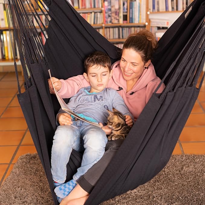 LA SIESTA® XL King Habana Cotton Hammock Chair Swing & Tree Mount Kit - Hammock Swing Chair w/Suspension Kit for Trees Beams & Posts - Indoor Outdoor Hanging Chair for Bedroom Patio - Onyx