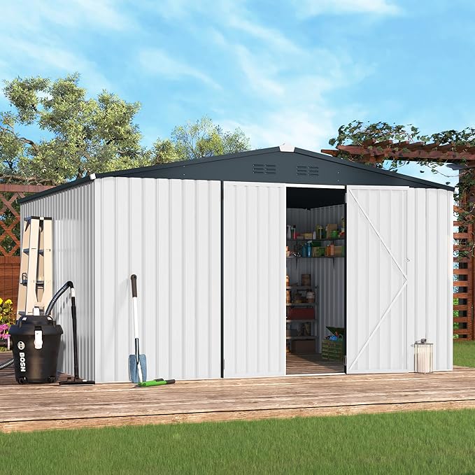 U-MAX 12x10 Storage Shed, Large Metal Outdoor Garden Sheds & Outdoor Storage Clearance, 10x12 Tool Shed Outdoor Storage Lockable for Backyard Outside Use in White