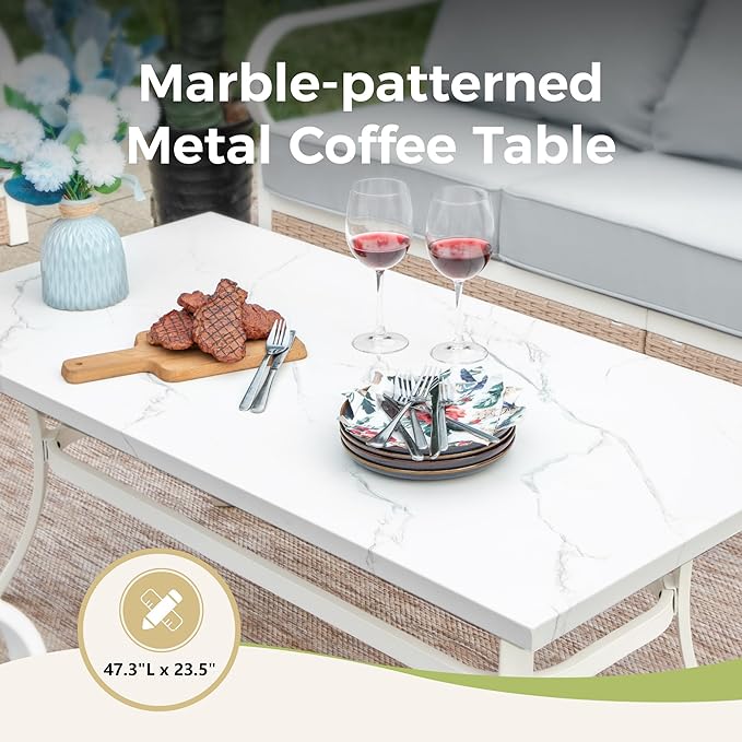 4 Piece Patio Furniture Set, 2 x Swivel Chair, 1 x 3-Seat Sofa with Marbling Coffee Table, 5 Seats Outdoor Conversation Set for Lawn Garden Backyard, Light Gray