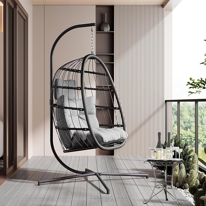 HWB Hanging Egg Chair with Stand, Patio Wicker Hammock Egg Swing Chair with Cushion for Bedroom Garden Indoor Outdoor (Grey)