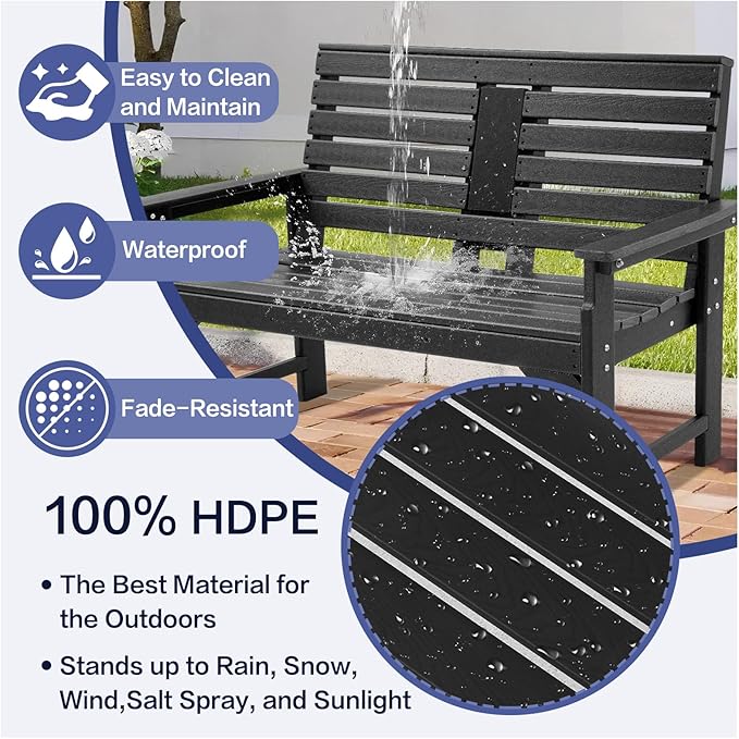 Outdoor Bench Weatherproof - HDPE 2-Person Garden Bench with Cup Holders, Bench Furniture with Backrest and Armrests, 700 lbs Capacity, Patio Park Bench for Front Porch Backyard Park (Black)