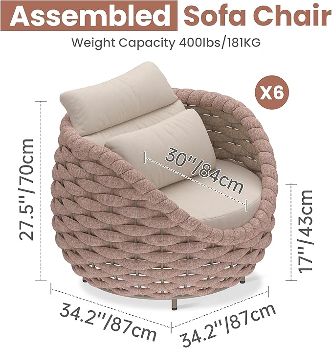 6 PCS Outdoor Accent Chair: Aluminum Woven Rope Patio Chair Modern - Cushioned Single Chair Assembled - All Weather Deck Furniture for 400lbs Porch Lanai Yard Balcony Garden Hotel, Terracotta