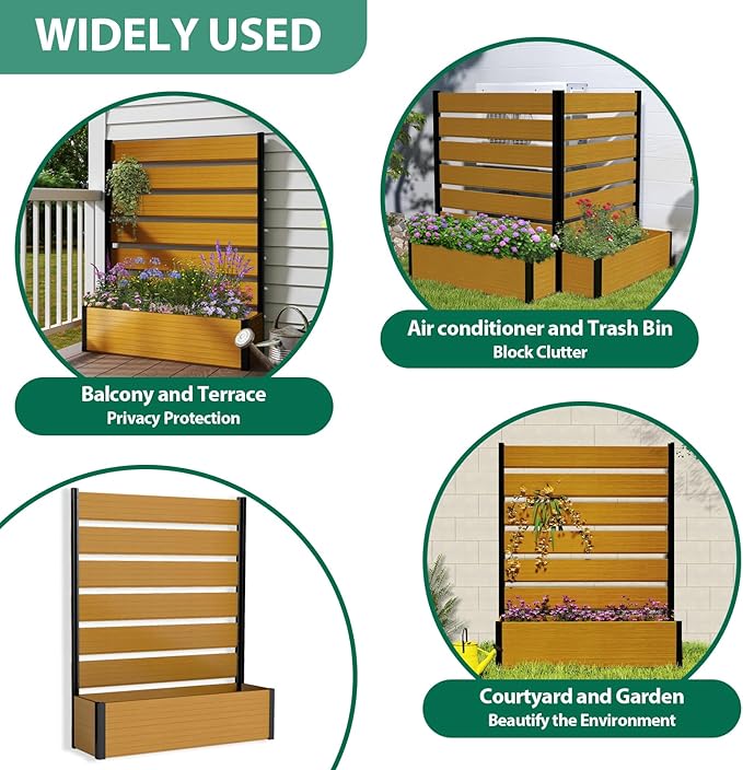 Vertical Screen Planter Bed - Raised Garden Box with Trellis for Climbing Plants, Durable Privacy Fence Planter for Outdoor, Patio, Deck Aluminum Frame, Yellow Teak with Base