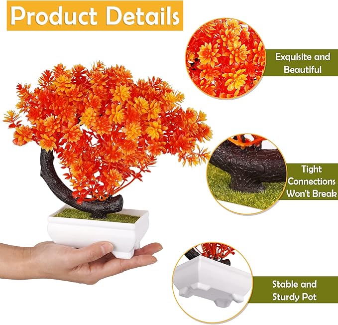 Artificial Bonsai Tree Fake Plant Fake Bonsai Tree with Plastic Pots for Home Decor Desktop Display (C Orange)