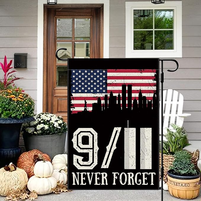 DLZDN 911 Never Forget Garden Flag 12×18 Inch Double Sided Vertical Burlap Farmhouse Yard Flag Patriotic Memorial Outdoor Decor