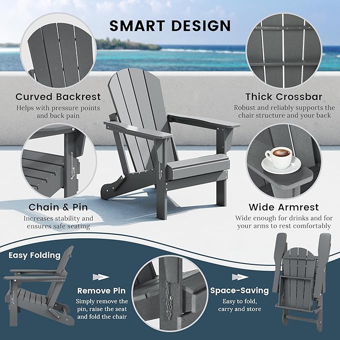Westin Outdoors Laguna WO Home Furniture Adirondack Chair 2 PCS Set Outdoor Folding Patio Chair for Bon Fire Pit Garden Lawn Backyard Lounging Relaxing (Gray)
