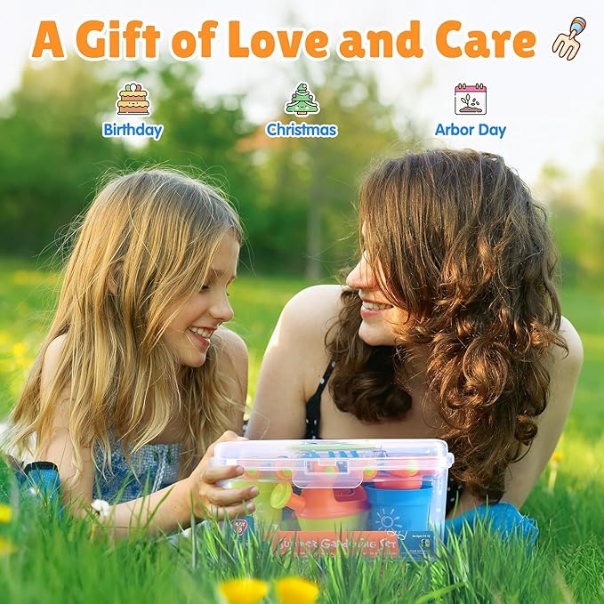 Kids Gardening Set, Garden Tool Set for Kids, Gardening Tools Kit with Shovel, Fork, Spade, Scissors, Flower Pot, Watering Can and Storage Box, Summer Outdoor Toys for Toddlers Boys Girls Gift