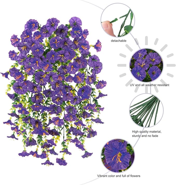 6-Pack Outdoor Faux Plants, 69-Flowered Large Morning Glory, Uv-Resistant Artificial Morning Glory,Perfect for Outdoor Decoration in All Seasons Such as Porches and Gardens (Purple)