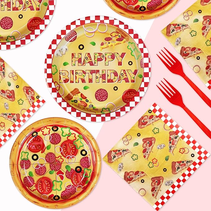 96Pcs Pizza Party Supplies 350GSM Pizza Party Plates and Napkins Tableware Sets Pizza Birthday Party Decorations Favors for Pizza Night Theme Kids Baby Shower Carnival Italy Party Decor Serves 24