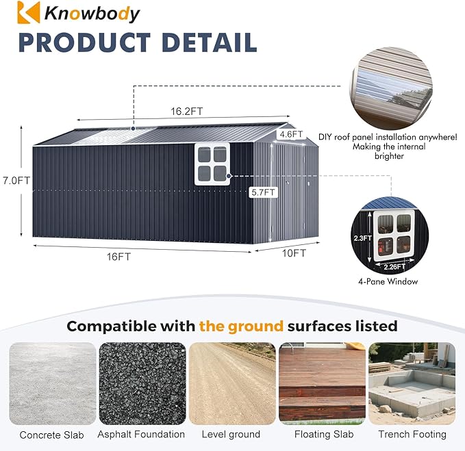 Metal Shed 10x16 FT Large with Customizable Skylight, Reinforced Steel Frame, Heavy-Duty Galvanized Steel Big Garden Sheds with Lockable Doors,4 Pane Windows, Large Utility Tool Sheds