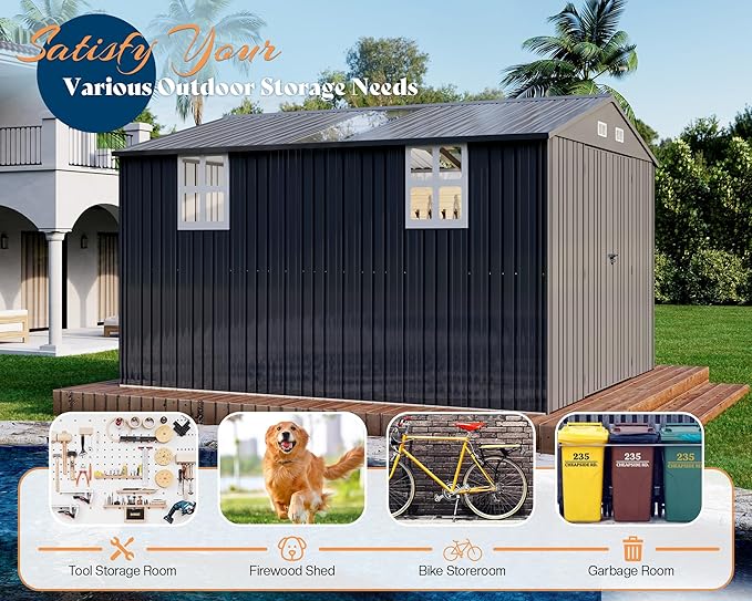 AMERLIFE 10x11.5x7.4 FT Galvanized Steel Storage Shed with 2 Transparent Panels, 2 4-Pane Windows & Hinged Double Doors, Outdoor Shed for Backyard, Patio, Garden, Dark Gray