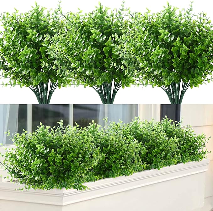 GREENRAIN Artificial Flowers Outdoor Fake Flowers for Decoration UV Resistant No Fade Faux Plastic Plants Garden Porch Window Box Décor (18 Bundles, 1#Green)