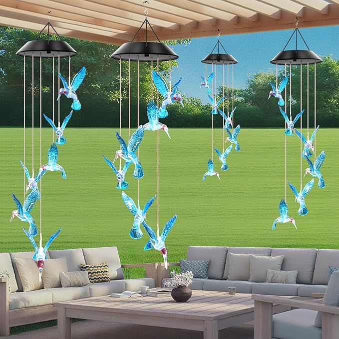Blue Hummingbird Solar Wind Chimes Color Changing Lights Outdoor, Best Gifts for Mom Grandma Women Wife Aunt Daughter Sister, Unique Mobile Wind Chime, Gardening Yard Decorations