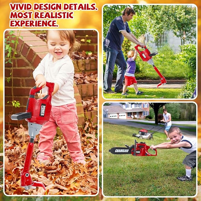 2 Pcs Toy Gardening Tool Set for Kids Toy Chainsaw, Weed Trimmer Battery Powered Gardening Tool Set with Lights and Sounds Gift for Boys Girls