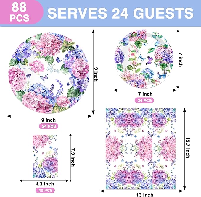 CC HOME Hydrangea Birthday Paper Plates Napkins Pink Purple Flowers Disposable Tableware Set Party Supplies Spring Floral Theme Dinnerware Serves 24 Guests for Audlts Kids Baby Shower Birthday 88PCS