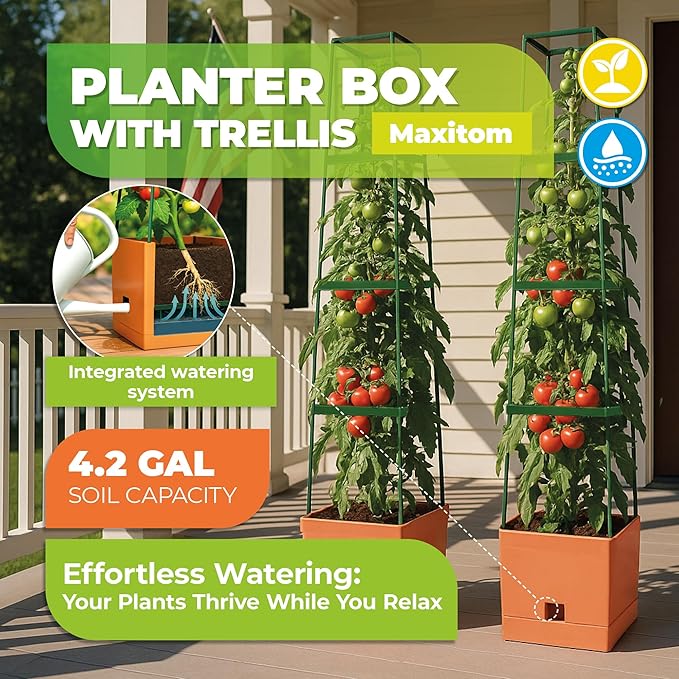 Bio Green 2 Pack Garden Tomato Planter MAXITOM, with Plant Support Trellis 59 inch and Self Watering, 4,2 Gal Planter Box for Climbing Vegetables Plants, Terracotta