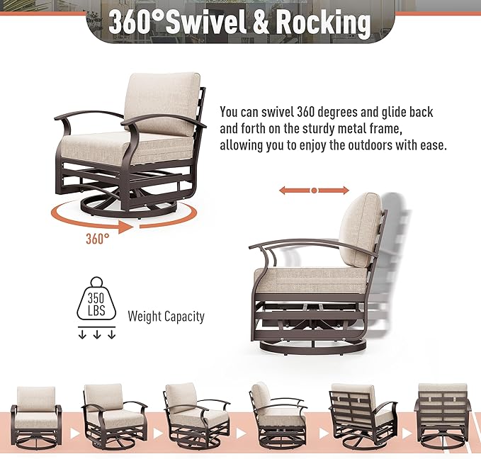 Kurapika Aluminum Patio Furniture Set 10-Seat Modern Metal Outdoor Conversation Sets w/45in Propane Fire Pit Table, Swivel Rocking Chairs Patio Sectional Sofa w/5.1 Inch Cushion, Sand