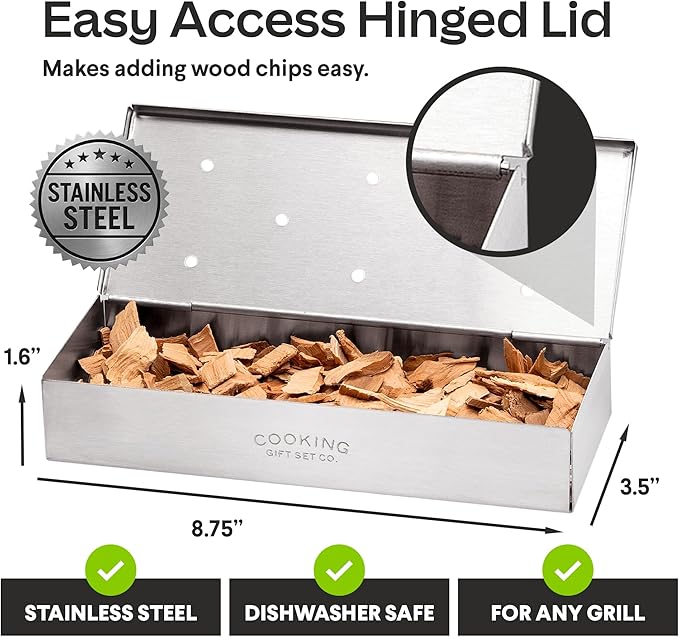 BBQ Smoker Box Kit – Stainless Steel Smoker with Hinged Lid, Apple Wood Chips, Hickory Salt – Grilling Accessories and Grilling Gifts for Men – Great Birthday Gifts for Men Who Love to BBQ