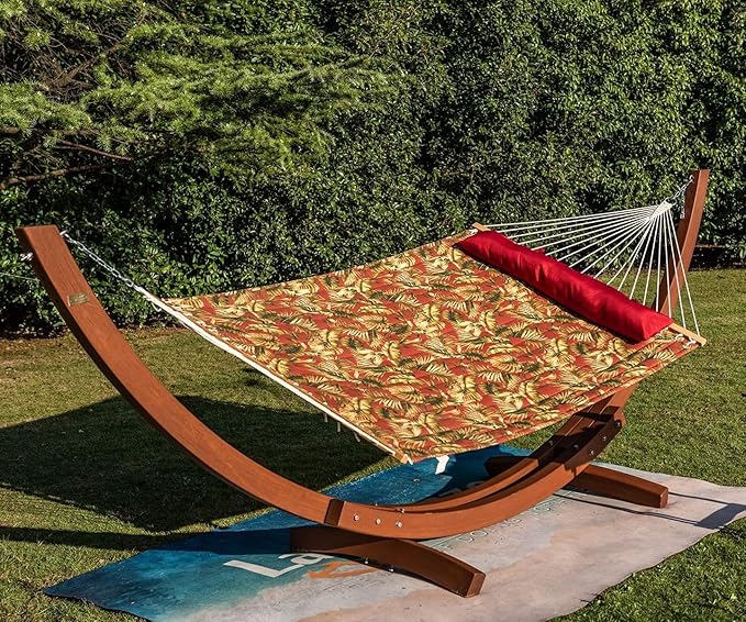 Lazy Daze Quilted Fabric Hammock with Spreader Bar, 2-Person Double Hammock for Outside Patio Poolside Backyard Beach, 450 lbs Capacity, Red Leaf