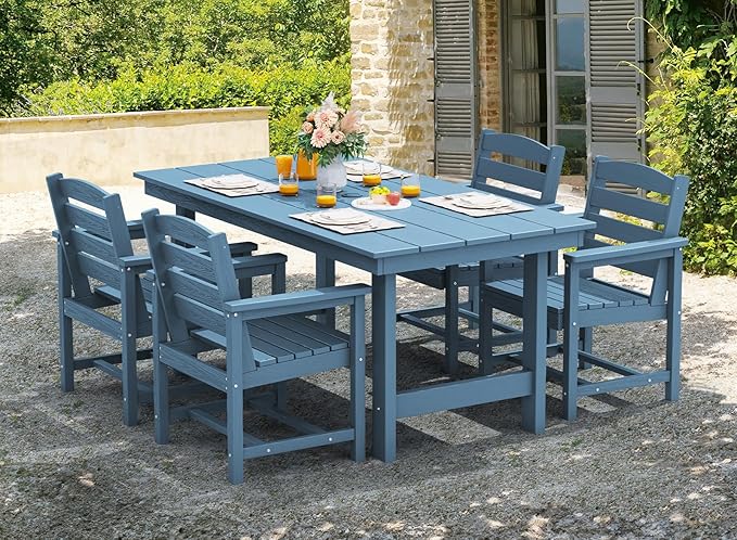 SERWALL Patio Table Set, Outdoor HDPE Dining Furniture with Umbrella Hole, All Weather for Lawn, Garden, Backyard, Poolside, Blue