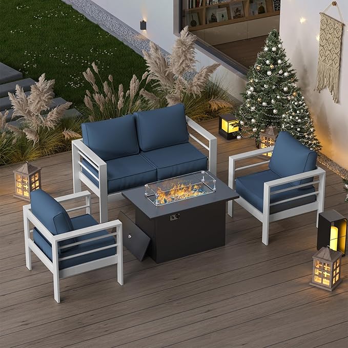 Patio Furniture Set with Fire Pit Table, Aluminum Patio Furniture Set,Blue Outdoor Metal Sectional Sofa with Aluminum Fire Pit Table for Garden Backyard (Include Waterproof Cover)