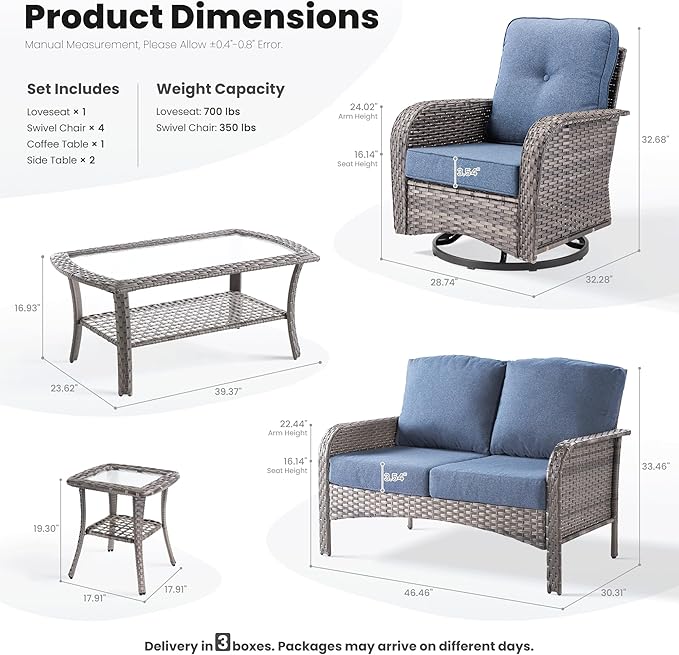 ovios 8 Pieces Patio Furniture Set, Outdoor Wicker Sofa with Swivel Chairs, Coffee Table, All Weather High Back Rattan Loveseat Couch with Comfy Cushions, Denim Blue