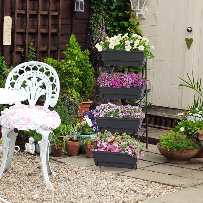 OYEAL Raised Garden Bed 4 Tier Vertical Garden Planter Indoor Outdoor Raised Planter Box with Legs Elevated Herb Garden Planters for Flowers Vegetables Plants, Grey