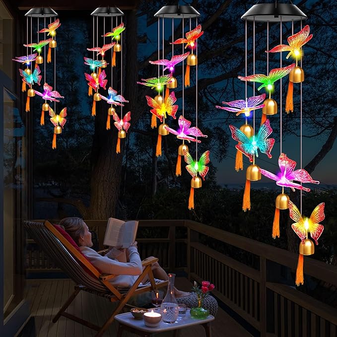 Solar Wind Chimes Outdoor Color Changing Lights, Gift for Women Mom Grandma Sister Best Gifts, Wind Chimes Unique Outdoor Garden Yard Decor (Purple Butterfly Bell)